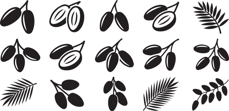 Set of date fruit icons and palm leaves silhouettes black silhouette dates fruit set organic healthy food sweet dried desert snack.