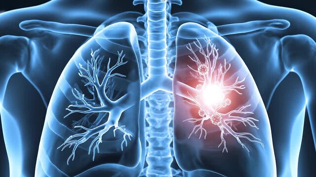 3D medical animation of virus particles infecting human lungs inside a translucent upper torso, showing respiratory infection, lung inflammation and pneumonia concept.
