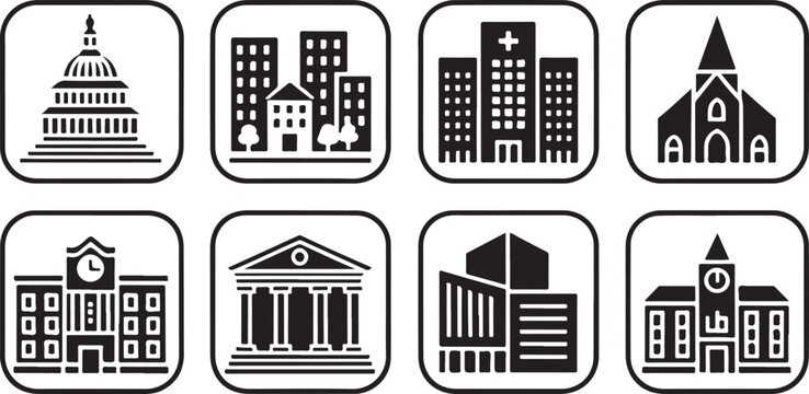 Set of black and white building icons representing government, residential, healthcare, and religious institutions on transparent background.