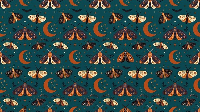 Mystical moth and crescent moon celestial seamless pattern