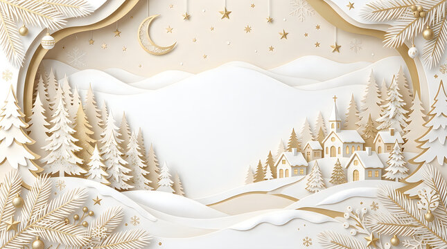 Beautiful winter landscape with cozy houses and pine trees at night