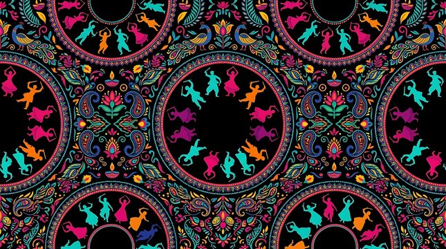Vibrant navratri festival pattern with dancing figures and peacocks