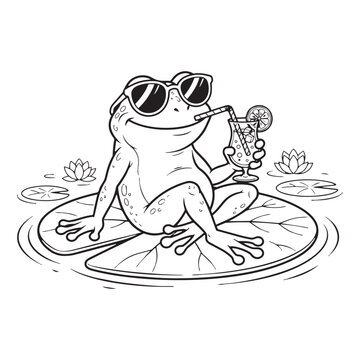 Cool frog wearing sunglasses sitting on a lily pad and drinking a cold cocktail in a pond line art drawing