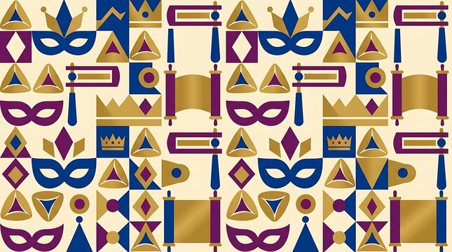 Purim holiday geometric pattern with traditional symbols