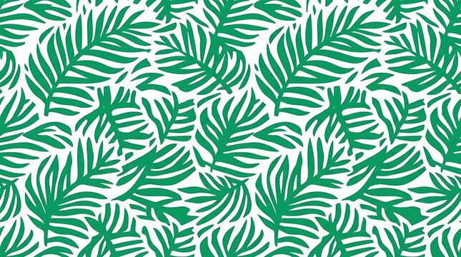 Seamless green tropical palm leaf pattern on white background
