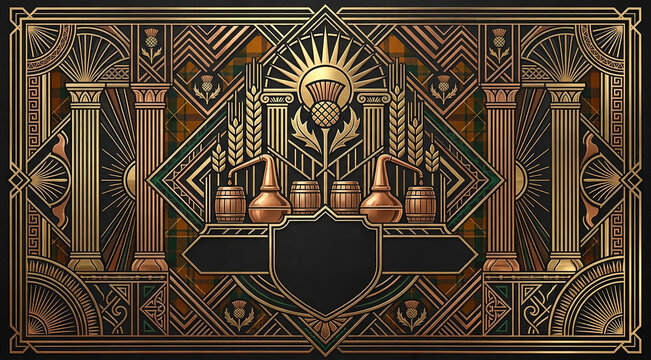 Art deco style distillery frame with copper pot stills and columns.
