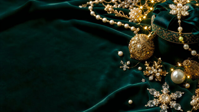 Elegant golden jewelry and shiny pearls on a dark green velvet background