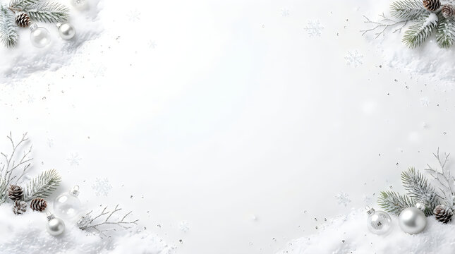 Christmas festive border with pine branches and silver ornaments on snow