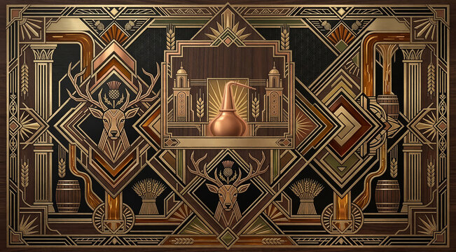 Art deco whisky distillery mural featuring copper pot stills geometric stag heads and barley harvest motifs in gold.