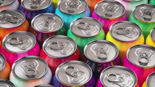 Colorful aluminum cans of beer or soda background. Beer, carbonated water, cola, energy drinks cans.