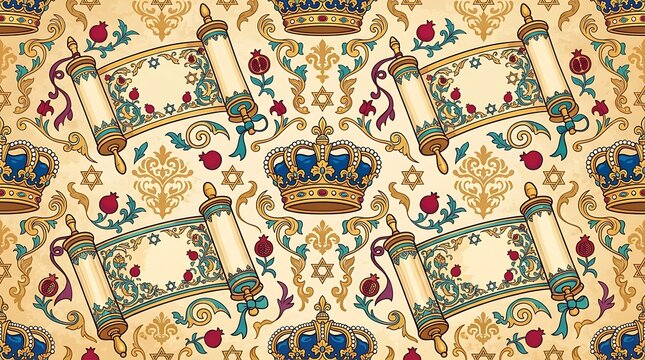 Traditional jewish seamless pattern with torah scrolls and crowns