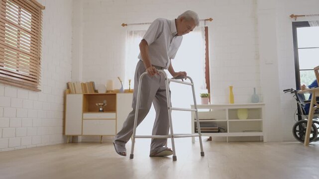 Health insurance with caregiver at home Senior man with walker after fall at home, injury recovery, caregiver support, mobility aid, accident on floor in living room rehabilitation