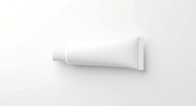 White unlabeled cosmetic tube lying flat on white background with soft shadow