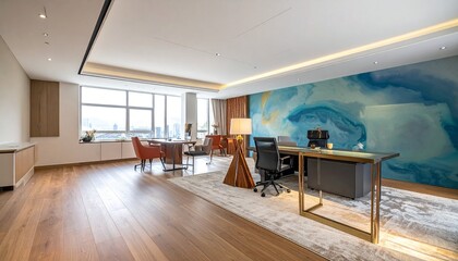 Fototapeta premium Spacious office with desks, mural, and plants evoking openness, productivity, and contemporary design.