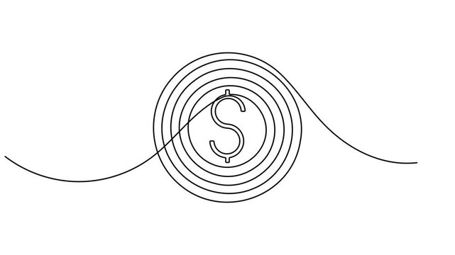 Financial goal dollar target icon sign continuous one line drawing on white background minimalist single art business strategy and profit growth symbol animation video
