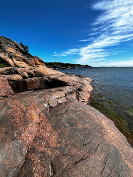 Path of Love on Rocks in Finnish Resort Town Hanko (Hango) and Coastline of the Gulf of Finland of the Baltic Sea.