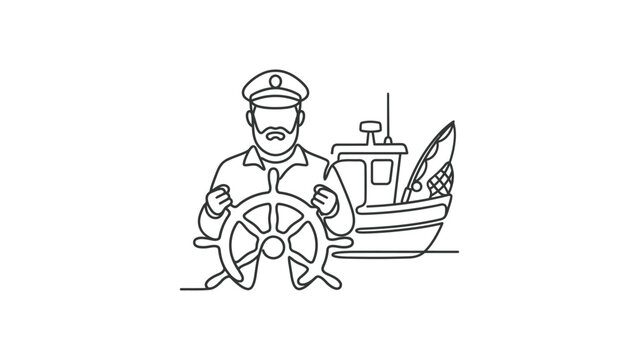 Seaman At Helm Steering Fishing Boat Line Art