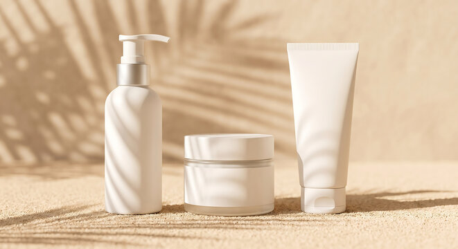 Three white unlabeled cosmetic containers on sand with palm leaf shadow and beige background