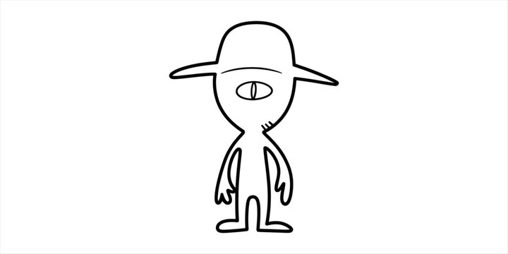 Cute cartoon cyclops alien character wearing a hat simple black and white line drawing for kids books and stickers