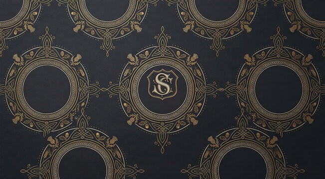 Elegant dark background with gold celtic knots, thistles, and an initial letter s.