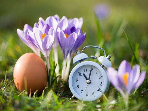Easter egg and alarm clock with spring crocus flowers in grass for holiday time concept