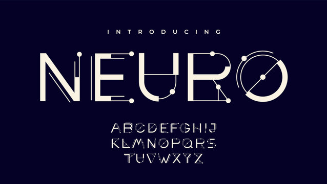 Modern decorative alphabet set with thin geometric letters, circles, nodes and connected line elements on a dark background. Vector font design