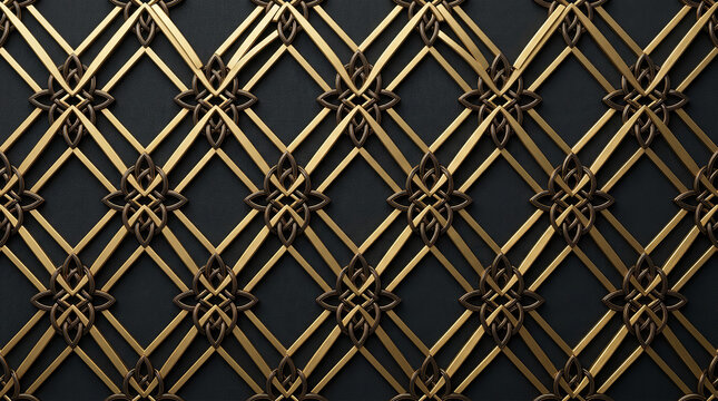 Elegant gold metal lattice grid pattern on black background.