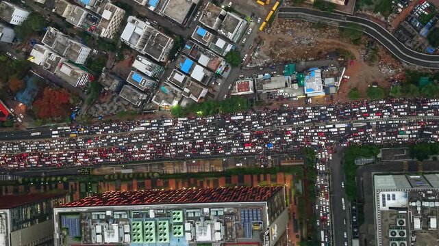 Aerial shot of Heavy Traffic Jam in Hyderabad, India