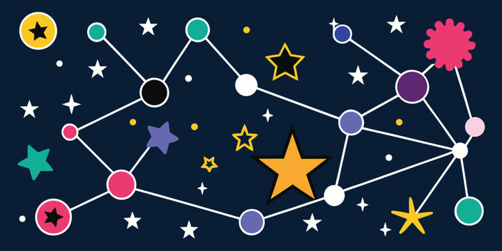 Cosmic web background with geometric star shapes and network node pattern.