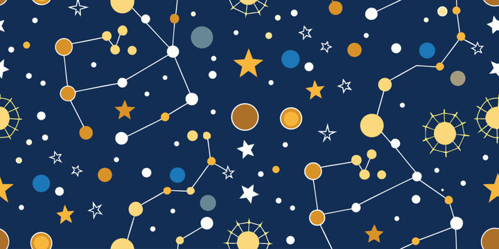 Cosmic seamless pattern with stars and abstract sun symbols on dark background.