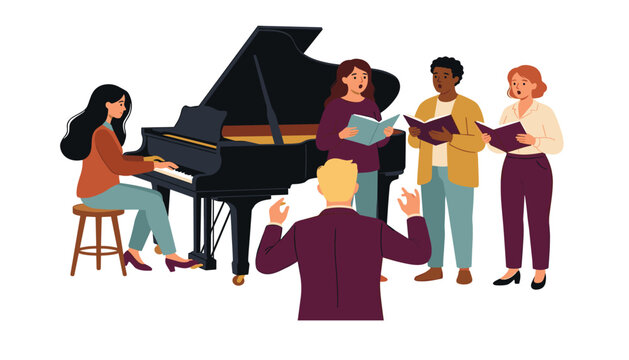 Musicians performing in a choir concert with grand piano pianist singers holding songbooks and conductor vector illustration