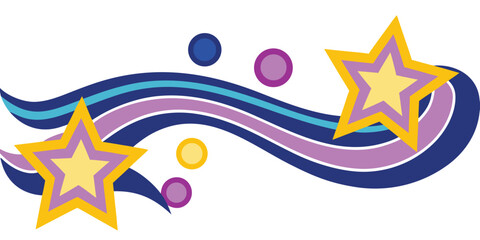 Decorative shooting stars banner with flowing waves and colorful celestial shapes. © SarwarGfx