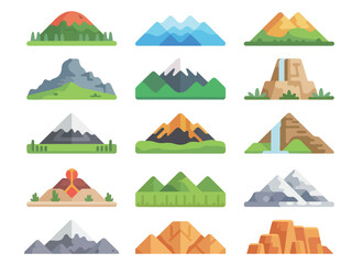 Set of various flat design mountain peaks and landscapes icons for outdoor adventure and nature themes with mountain landscape adventure geography climbing topography waterfall environment © Shohag