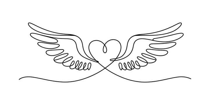 Continuous single line drawing of a heart with angel wings
