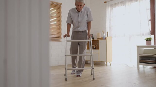Health insurance with caregiver at home senior woman fall walker home floor injury accident help alone beside mobility aid, elderly rehabilitation recovery health care support bright room indoor