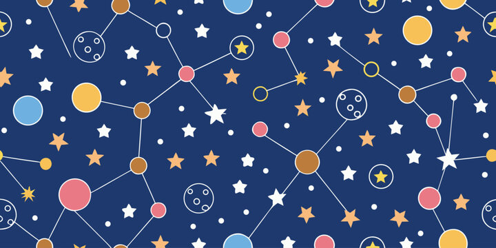 Space pattern with stars and planets connected by lines on dark blue background.