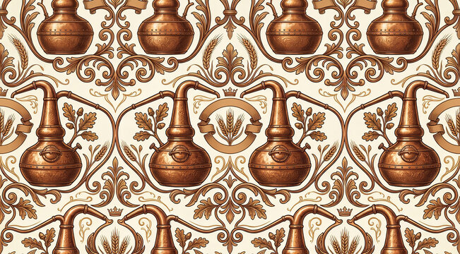 Vintage copper pot still pattern with baroque filigree and barley stalks on cream background for whisky labels.