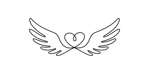 Fototapeta premium Continuous single line drawing of a heart with angel wings