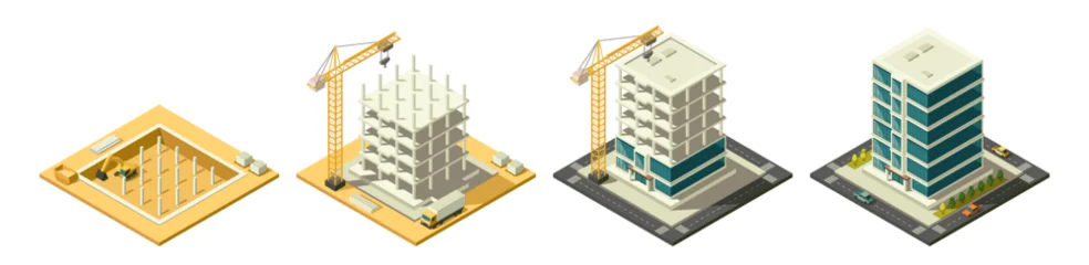 Step by step isometric construction process showing foundation, concrete structure, crane work, facade installation and completed modern office building © 100% HAND-CRAFTED