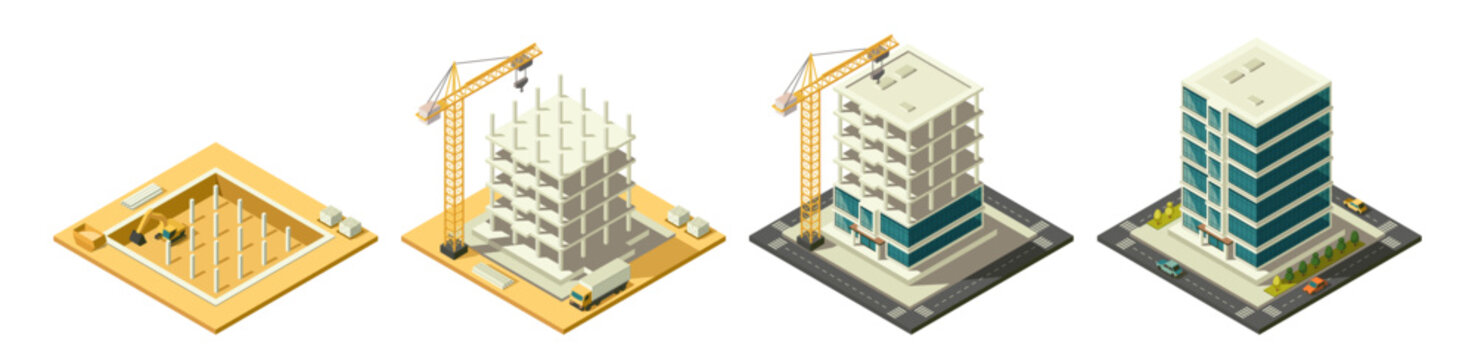 Step by step isometric construction process showing foundation, concrete structure, crane work, facade installation and completed modern office building