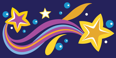 Creative banner with shooting stars and swirling colorful cosmic ribbons. © SarwarGfx
