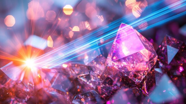Laser beam modulation through faceted crystal prism creating vibrant cyan orange magenta light refraction with bokeh interference patterns and starburst effects