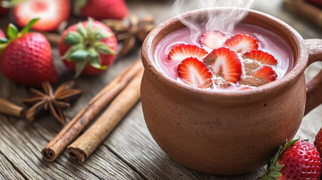 Premium strawberry atole in traditional clay mug with fresh strawberry slices and cinnamon garnish, steaming Mexican beverage at upscale restaurant