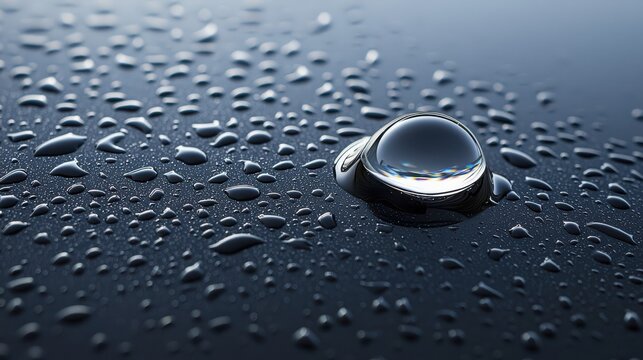 Water penetration resistant surface hydrophobic beading effect with large rounded droplet showing surface tension rainbow refraction on dark metallic coating macro