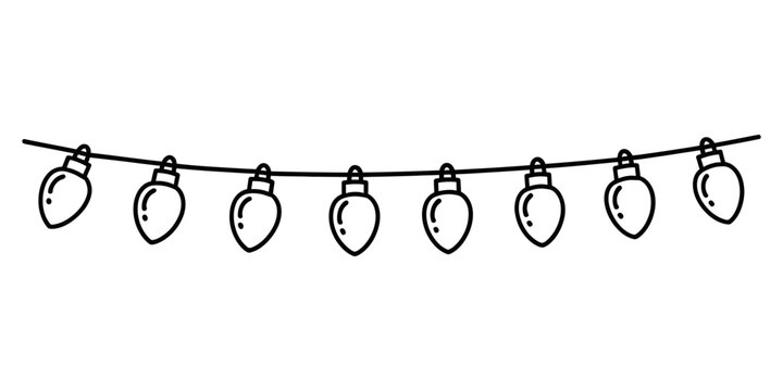 Black and white line art of a string of festive christmas fairy lights