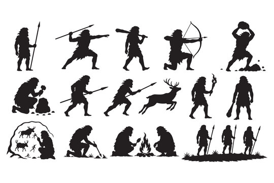 Set of caveman silhouettes hunting and living in stone age