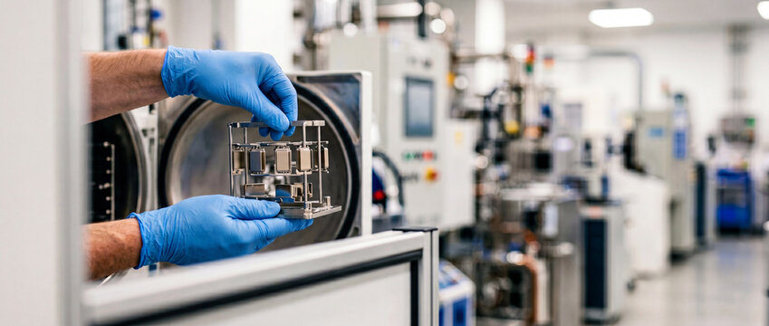 Manufacturing technician in cleanroom handling precision metal component near vacuum chamber in electronics factory