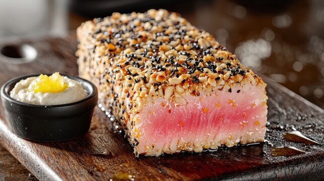 Premium seared tuna steak with crushed nuts and sesame seed crust showing pink center gradient, served on rustic wooden board with creamy aioli sauce