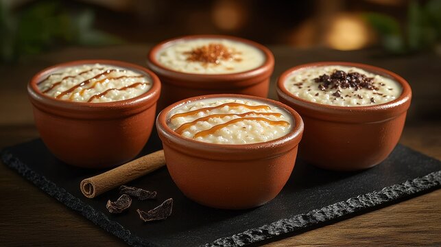 Rice pudding cup quartet in traditional terra cotta bowls featuring Mexican dessert variations with caramel, cinnamon and chocolate toppings on dark slate