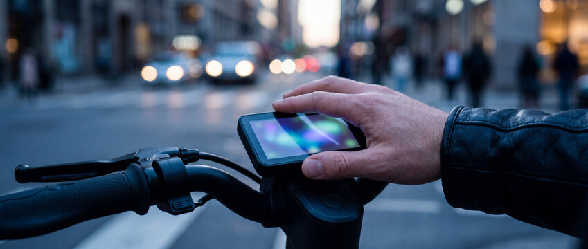Close-up of hand using touchscreen on electric scooter handlebar in urban evening commute